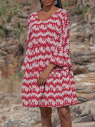 Wine Red Geometric Long Sleeve V Neck A-Line Weaving Dress