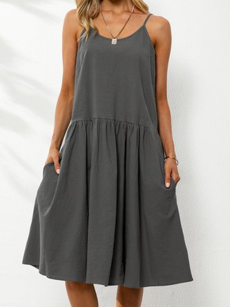 U-Neck Cotton-Blend Sleeveless Solid Weaving Dress