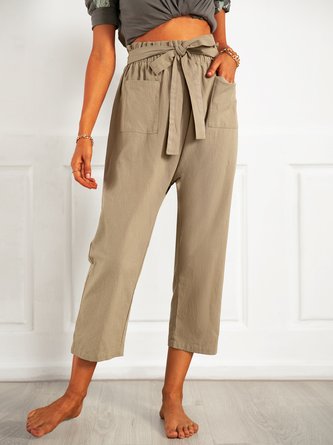 Pockets Cotton-Blend Solid Casual Pants
