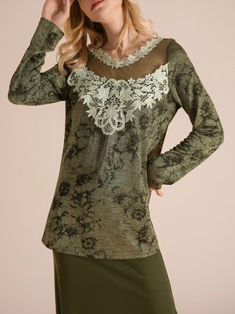 V Neck Casual Long Sleeve Floral Tops