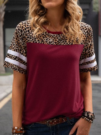 Red Scoop Neckline Casual Cotton Leopard T-shirt