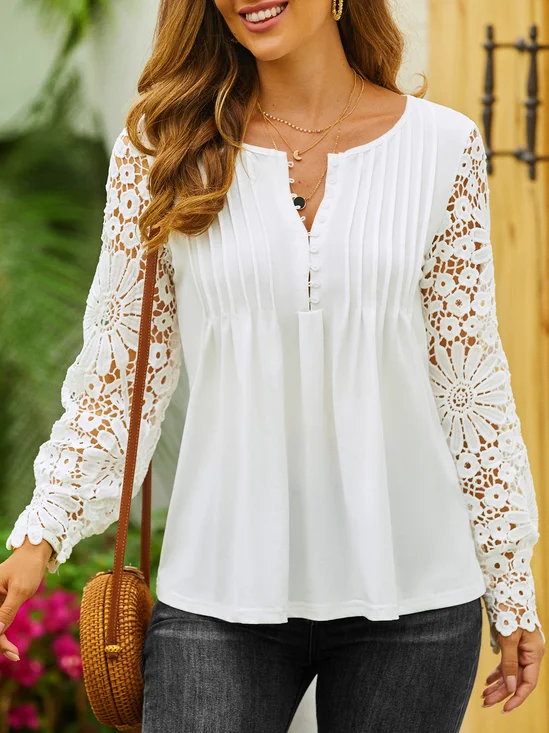 Plain Casual Patchwork lace Notched Tunic Top