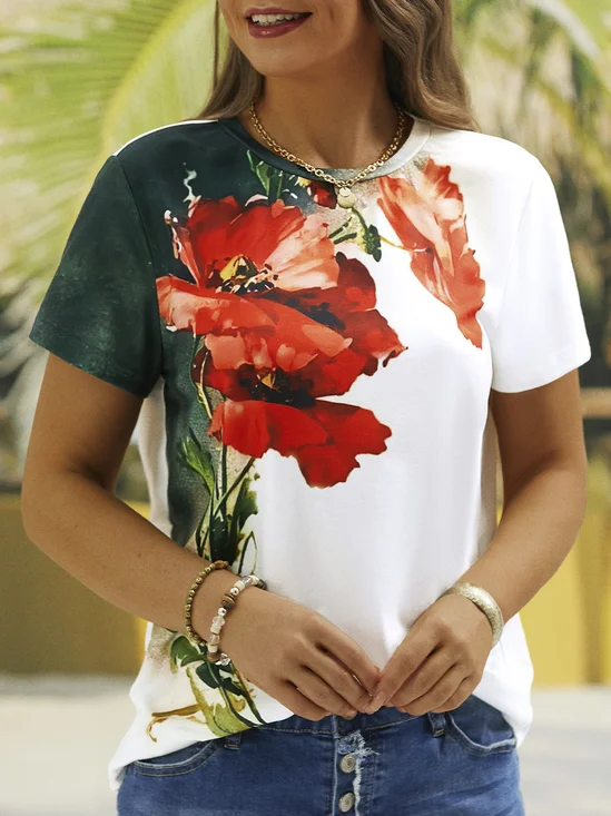 Floral Crew Neck Casual Short Sleeve T-Shirt