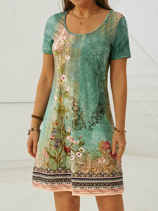 Crew Neck Loose Floral Casual Dress