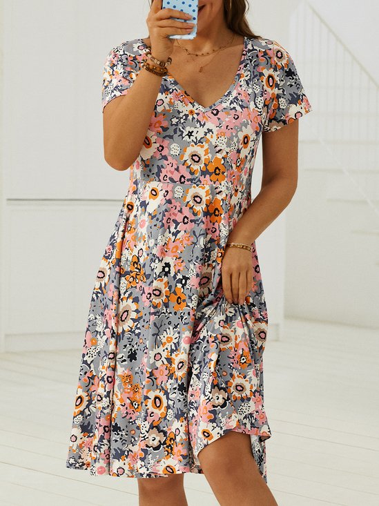 Floral Casual Regular Fit Short Sleeve Knit Dress