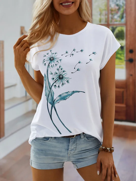 Casual Dandelion Short Sleeve Round Neck Printed Top T-Shirt