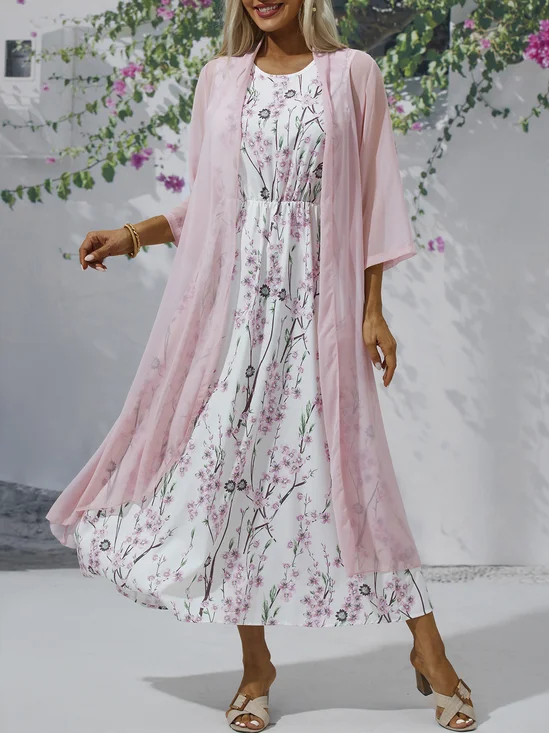 Floral Casual Short Sleeve Woven Dress With Outerwear