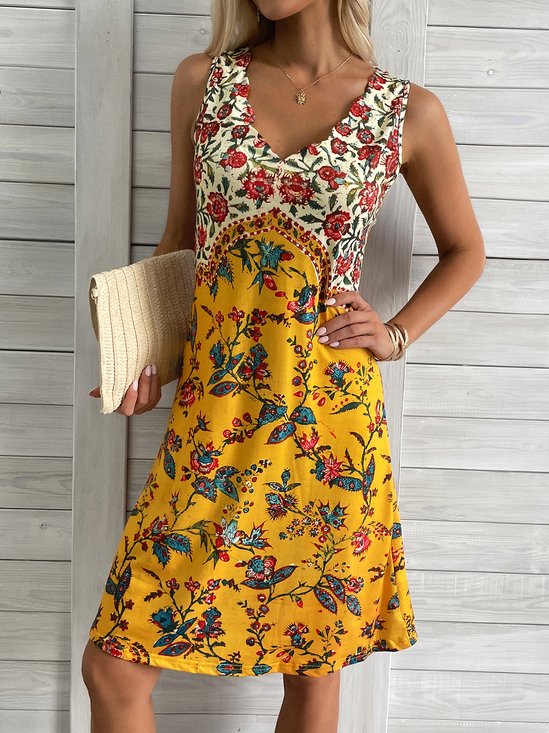 Floral Sleeveless V Neck Casual Tunic Dress