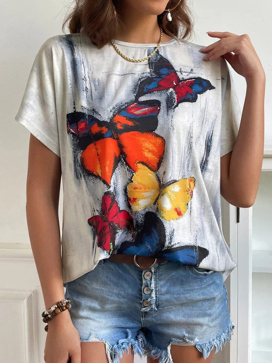 Casual Crew Neck Butterfly Loosen Short Sleeve T-Shirt