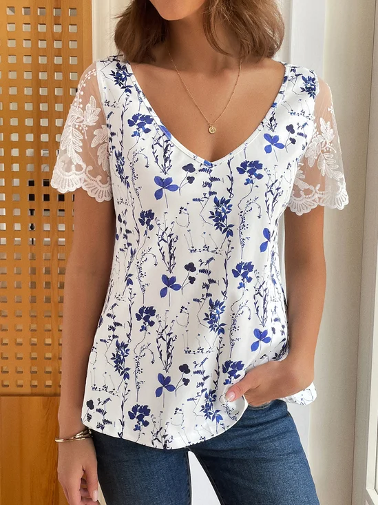 Lace Floral Casual V Neck tunic Shirt