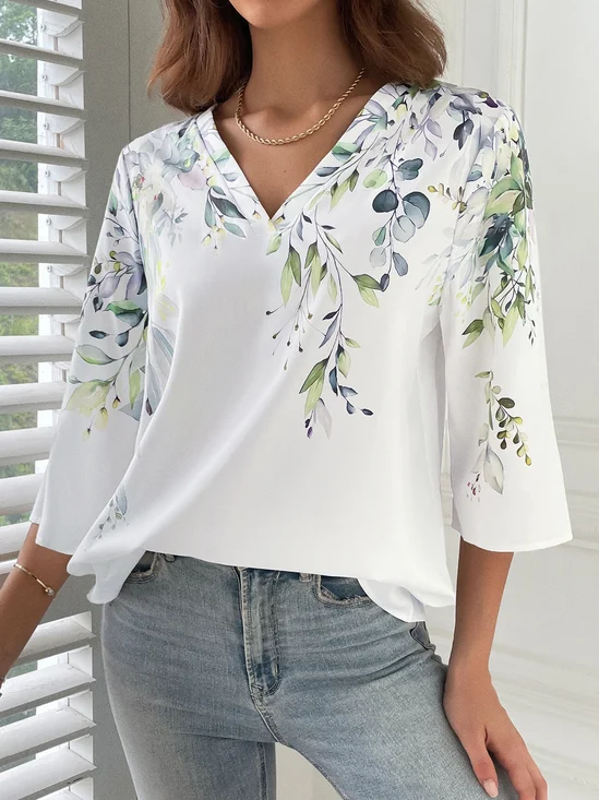 Casual Loose Floral V Neck Shirt