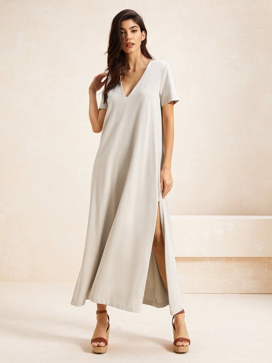 Women Plain V Neck Short Sleeve Comfy Casual Maxi Dress