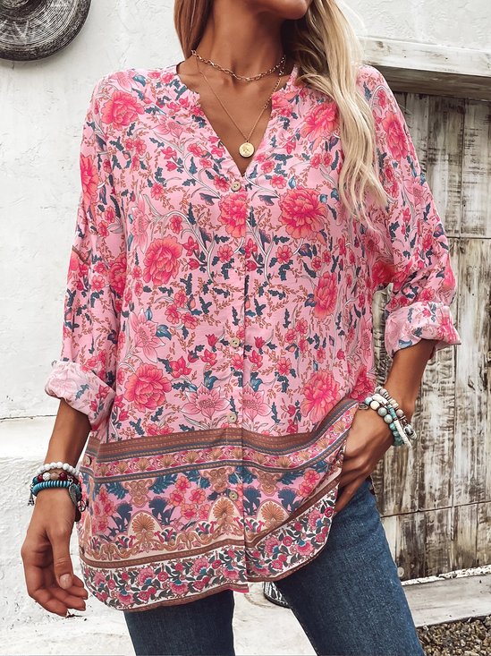 Notched Long Sleeve Floral Regular Loose Blouse For Women