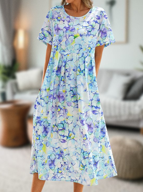 Women's A Line Dress Maxi long Dress blue Short Sleeve Floral Ruched Pocket Print Woven Summer Fall Crew Neck Casual 2022