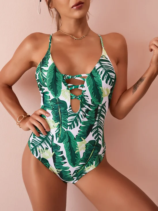 Leaves Print Lace Up One-piece Swimsuit