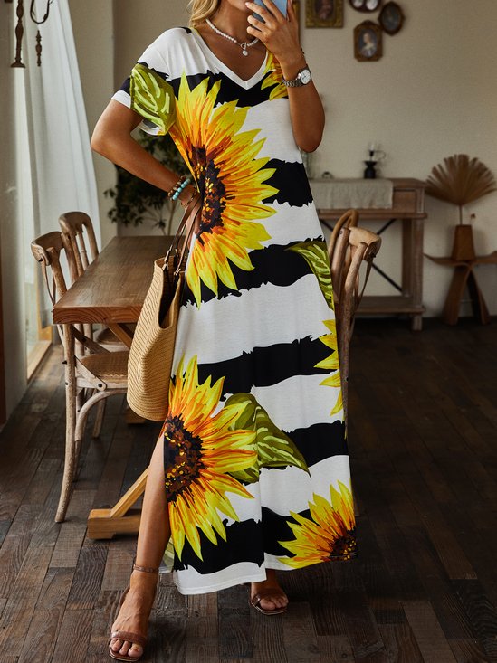 Casual Sunflower Short Sleeve V Neck Plus Size Printed Dress