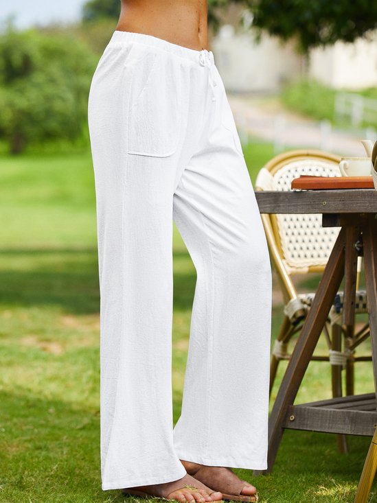 Women Plain Summer Casual Natural No Elasticity Loose Wide leg pants Cotton Long Casual Pants