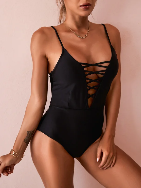 Solid Lace Up Plunging Neck One Piece Swimsuit