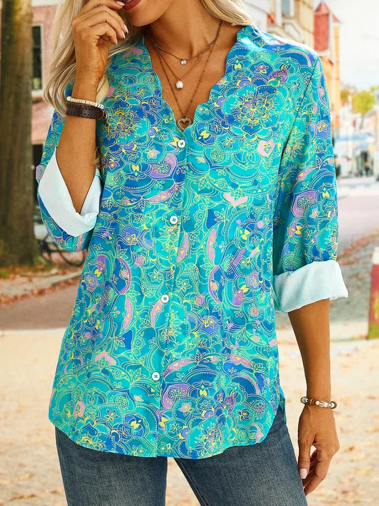 Printed Casual Long Sleeve Tunic Blouse