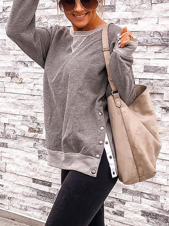 Cotton-Blend Solid Long Sleeve Casual Tunic T-Shirt