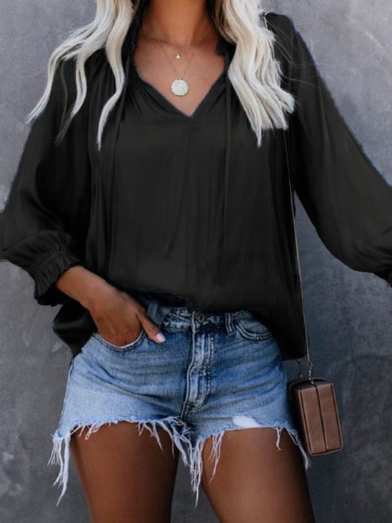 Casual V Neck Long Sleeve Solid Tunic Shirt