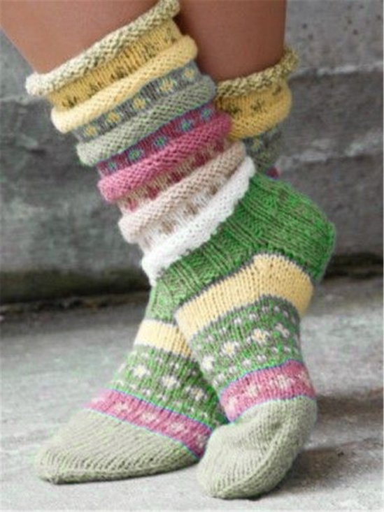Women Casual Color Block Vintage Knit Socks