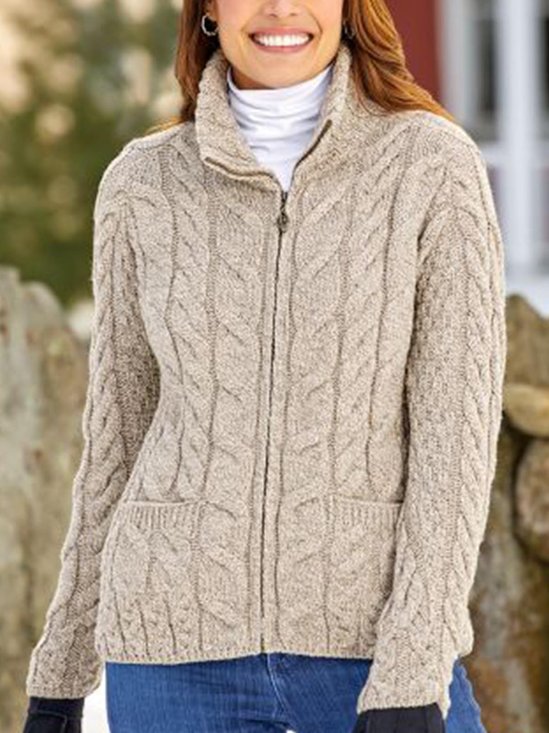 Casual Stand Coller Zipper Long Sleeve Pockets Cardigan