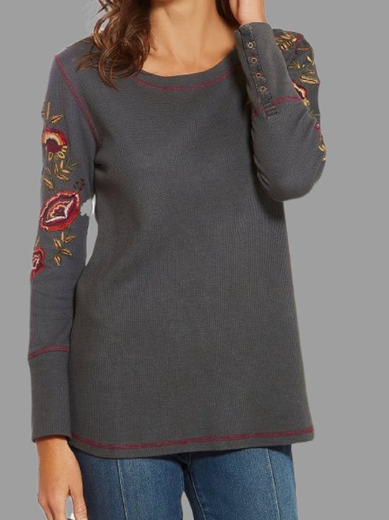Long Sleeve Round Neck Casual Cotton-Blend Tunic T-Shirt