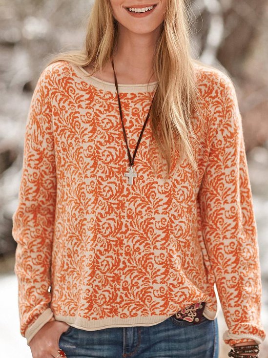 Orange Cotton-Blend Round Neck Long Sleeve Printed T-shirt
