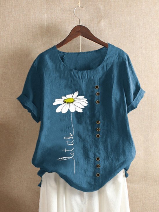 Blue Casual Floral-Print Cotton T-shirt