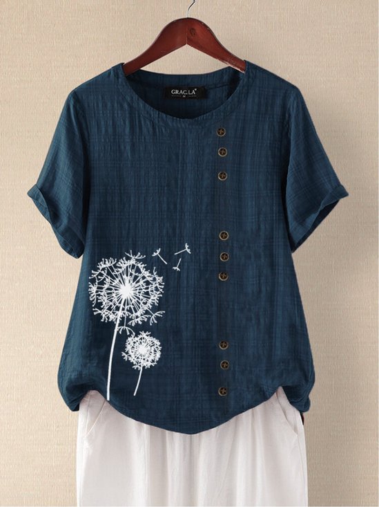 Navy Blue Floral-Print Casual T-shirt