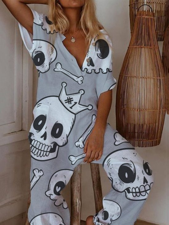Gray Skull Button Jumpsuits