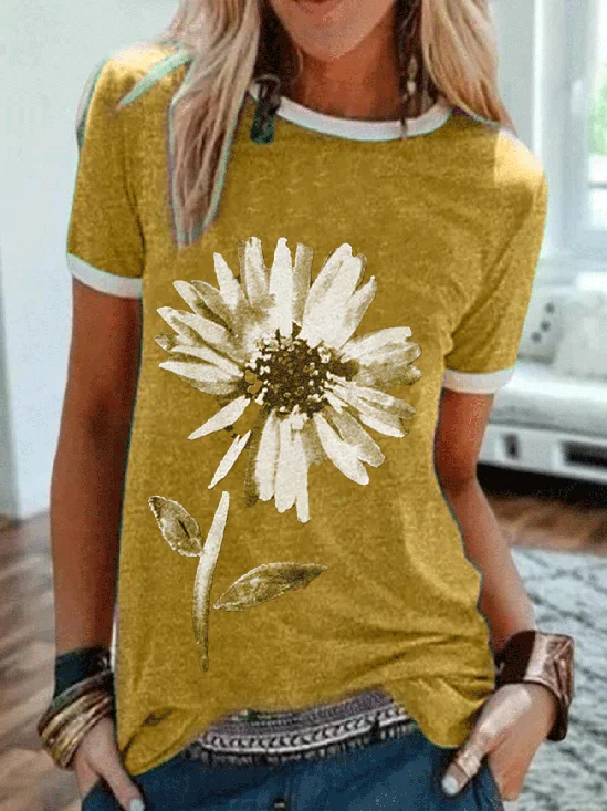Casual Floral Printed Tee Shirts Tops