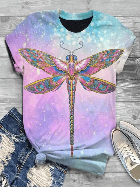 Vintage Short Sleeve Dragonfly Printed Crew Neck Plus Size Casual Tops