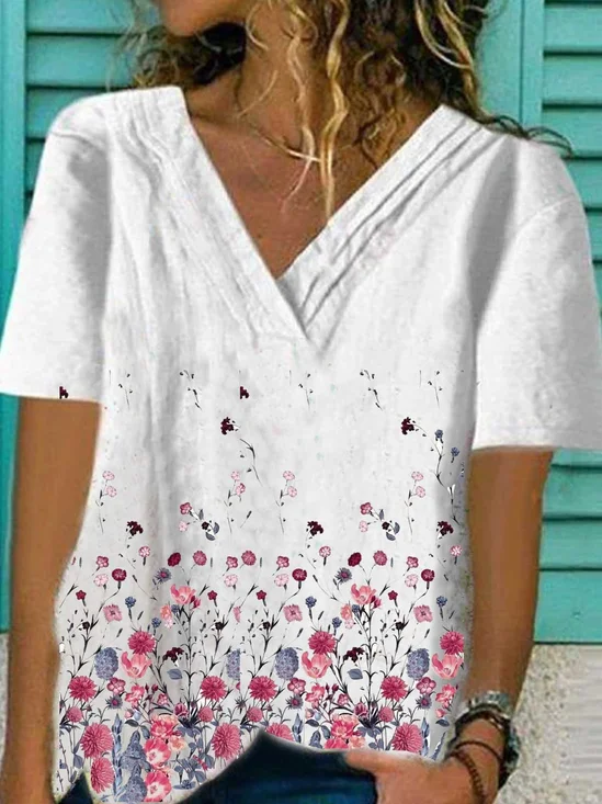 White V Neck Casual Short Sleeve Printed Tunic Top