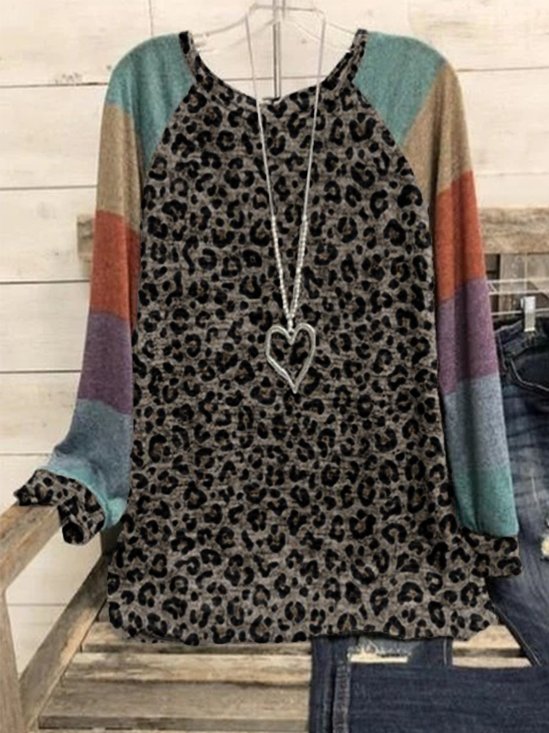 Leopard Casual Round Neck Geometric Cotton-Blend Tunic T-Shirt