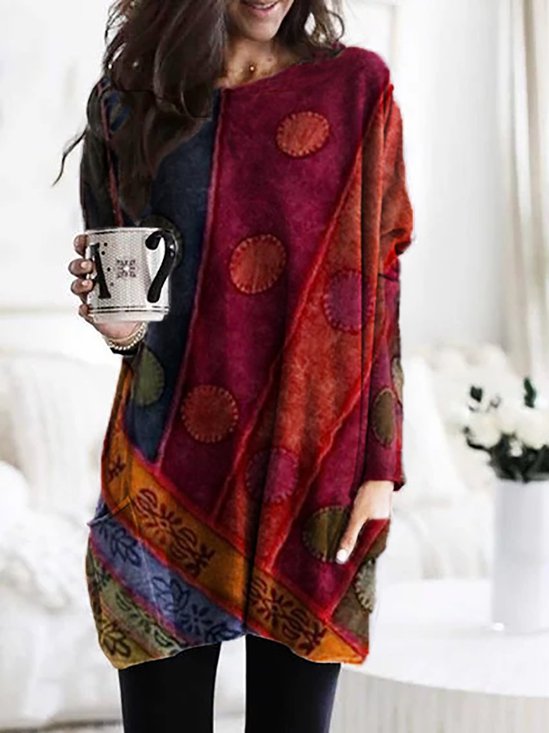 Long Sleeve Casual Printed Cotton-Blend Tunic Top