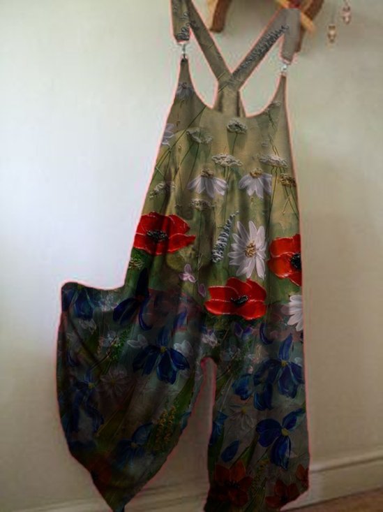 Crew Neck Sleeveless Floral Vintage Jumpsuit