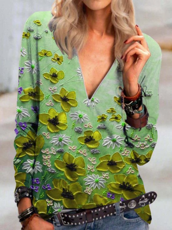 Floral  Long Sleeve  Printed  Cotton-blend  V neck  Casual  Green Top