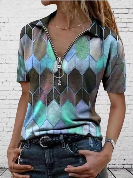 Vintage Geometric Zipper V neck T-Shirts