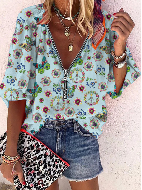 V Neck Butterfly Printed Top
