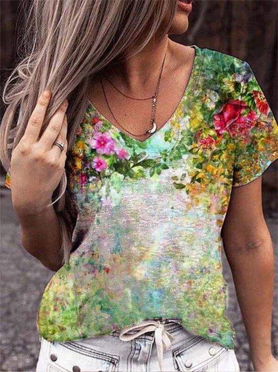 Women Summer V Neck Casual Printed T-Shirts