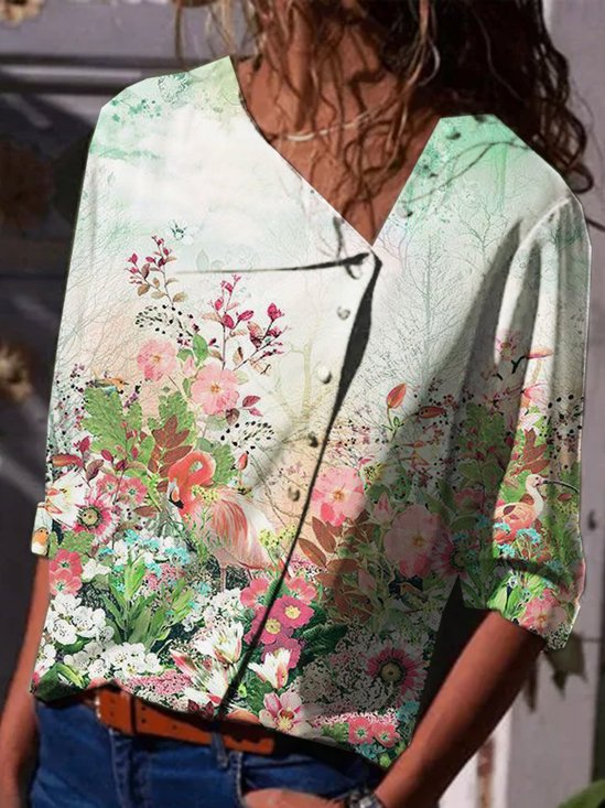 Floral  Half Sleeve  Printed  Polyester  Shawl Collar  Casual  Summer  Green Shirt