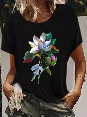 Floral Short Sleeve Scoop Neckline Elegant Tunic T-Shirt