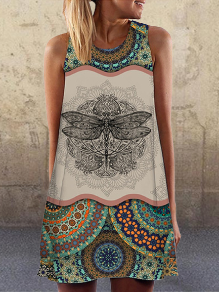 Vintage Geometric Dragonfly Printed Color-block Plus Size Sleeveless Crew Neck Casual Knitting Dress