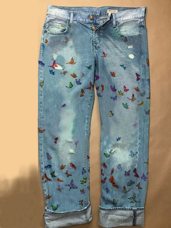 Casual Butterfly Print Baggy Jean