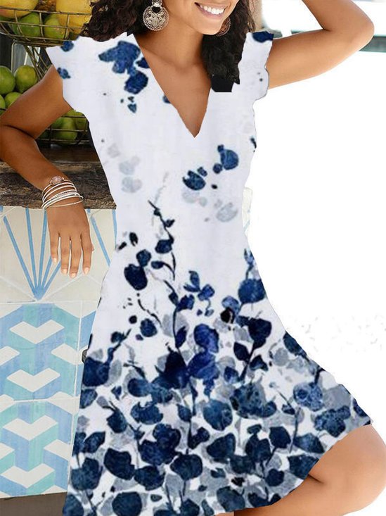Floral Short Sleeve  Printed  Cotton-blend  V neck Vintage Summer Dress