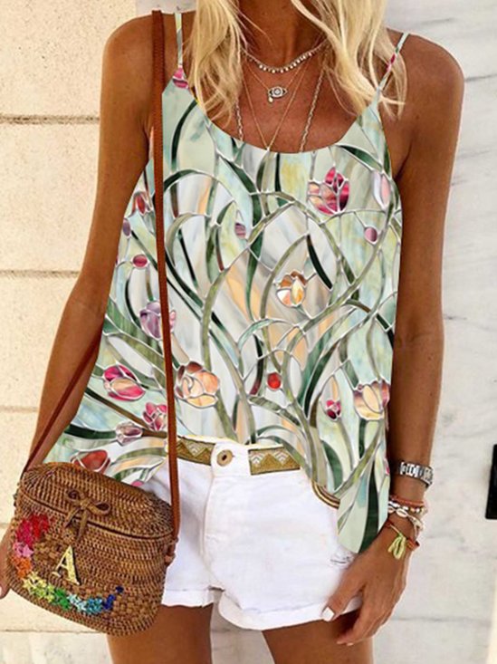Floral-Print Cotton-Blend Sleeveless Casual Tops