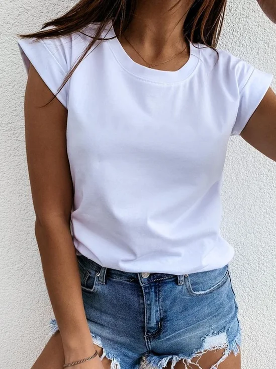 Casual Short Sleeve Cotton-Blend Crew Neck Tops