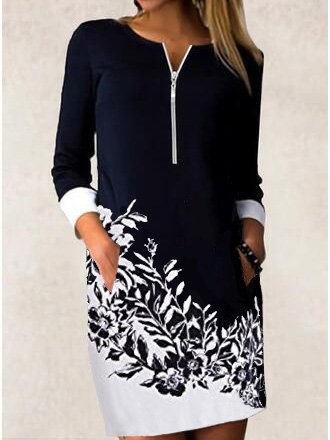 Zipper collar patchwork print long sleeve Tunic Dress